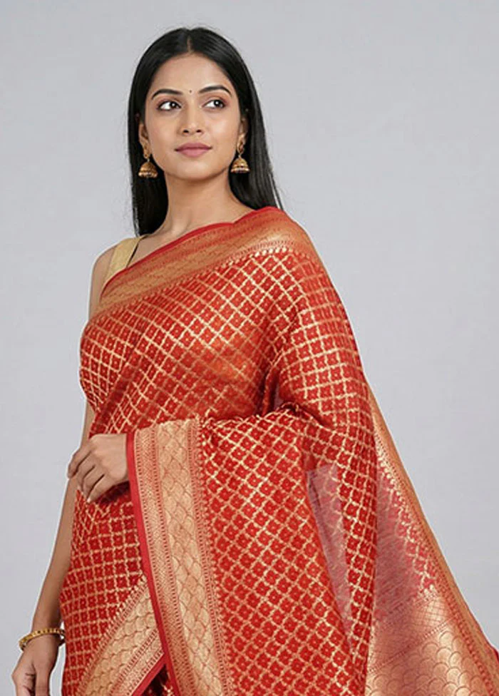 Red Kora Silk Saree With Blouse Piece - Image 2