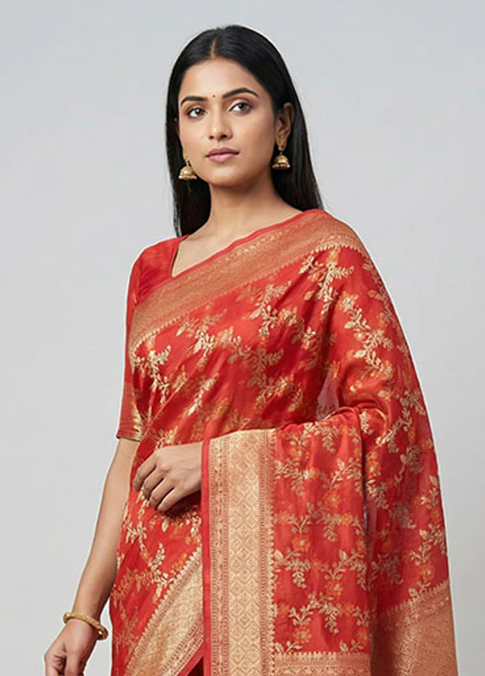 Red Kora Silk Saree With Blouse Piece - Image 2
