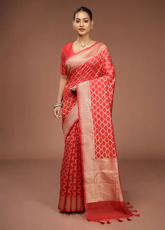 Red Kora Silk Saree With Blouse Piece - Image 2
