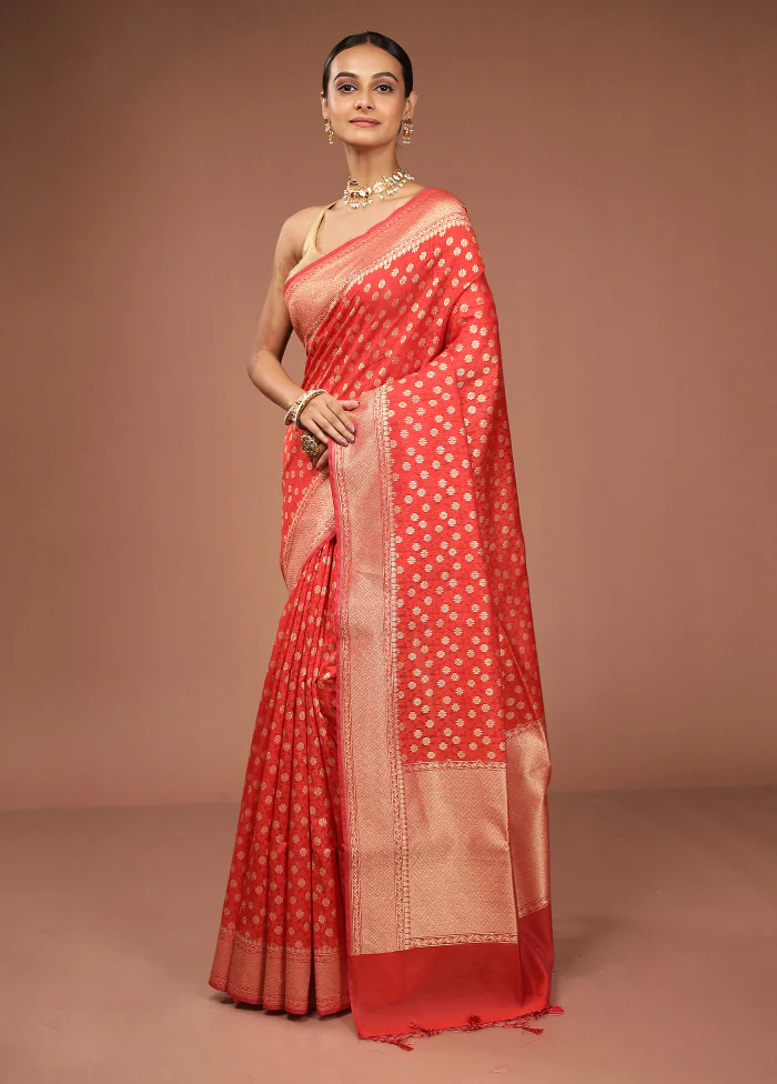 Red Kora Silk Saree With Blouse Piece - Image 4