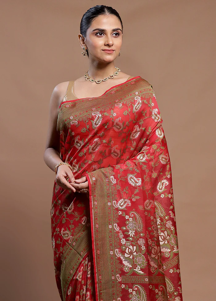 Red Kora Silk Saree With Blouse Piece - Image 2