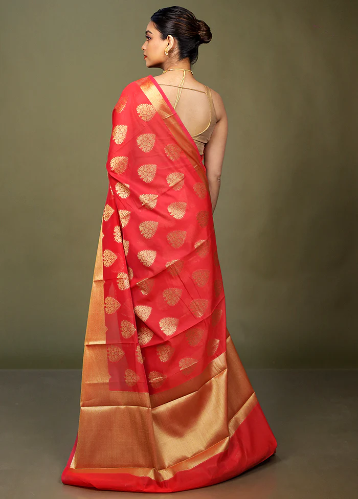 Red Kora Silk Saree With Blouse Piece - Image 3