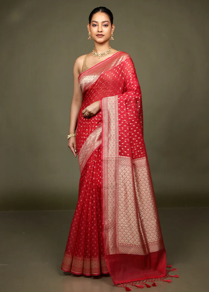 Red Kora Silk Saree With Blouse Piece - Image 2