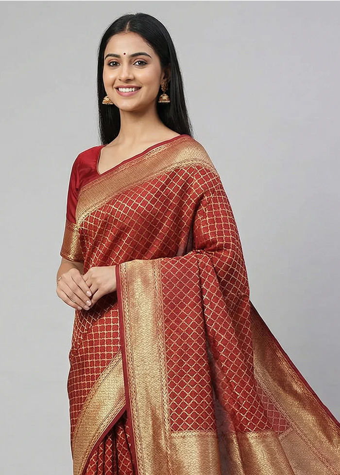 Red Kora Silk Saree With Blouse Piece - Image 2