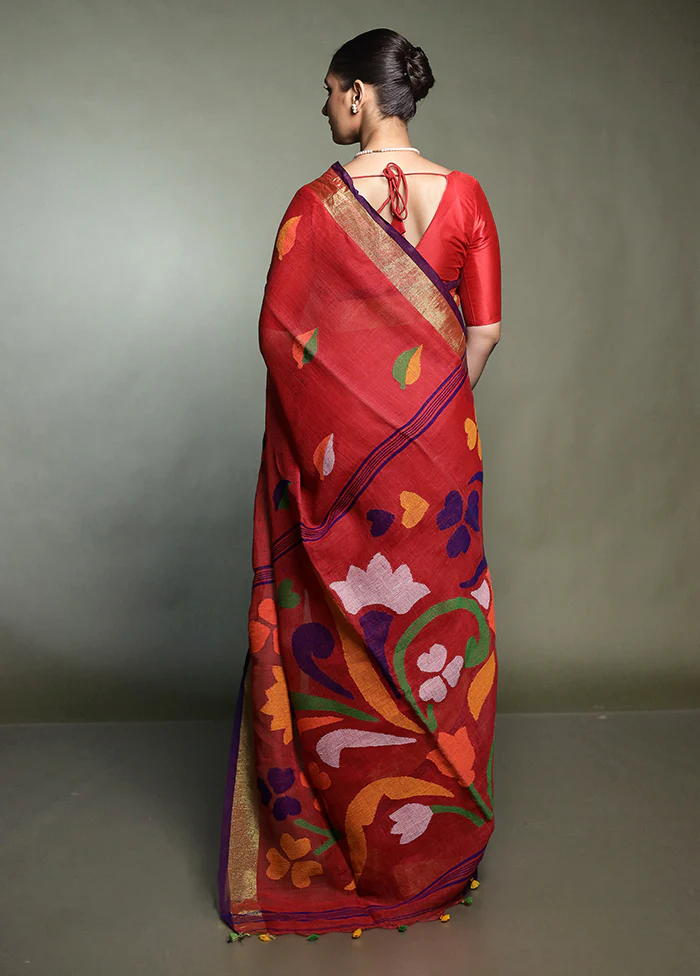 Red Linen Silk Saree With Blouse Piece - Image 3