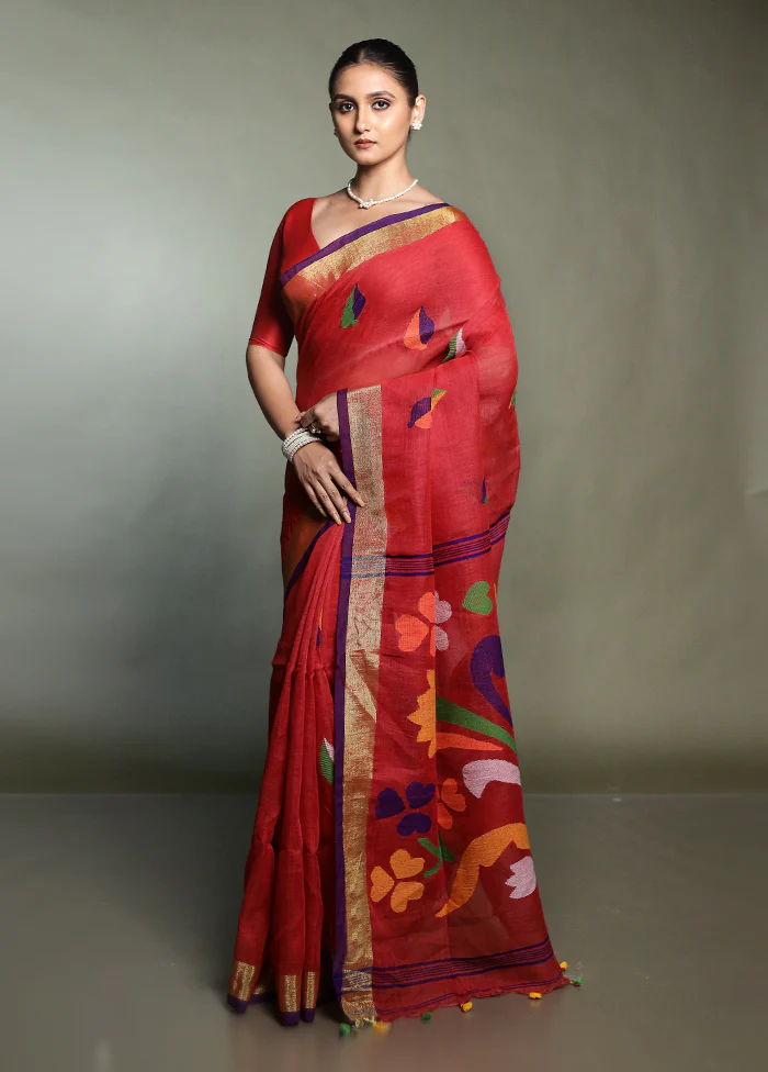 Red Linen Silk Saree With Blouse Piece - Image 4