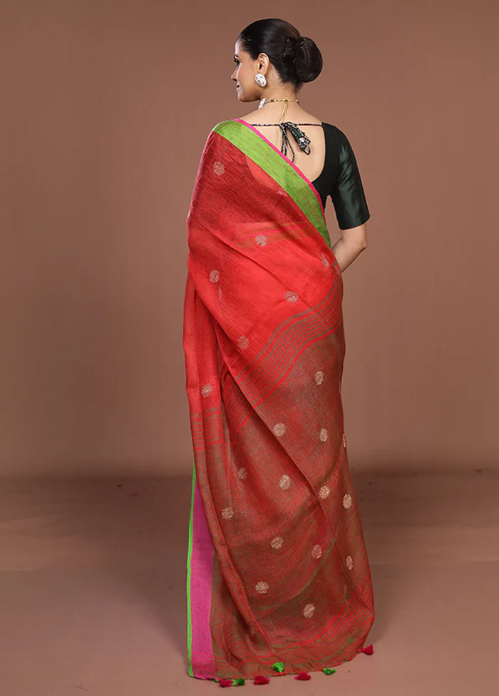 Red Linen Silk Saree With Blouse Piece - Image 3