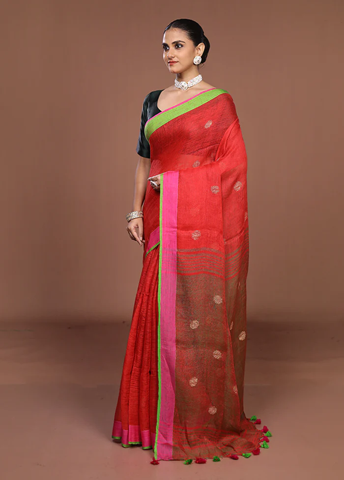 Red Linen Silk Saree With Blouse Piece - Image 4