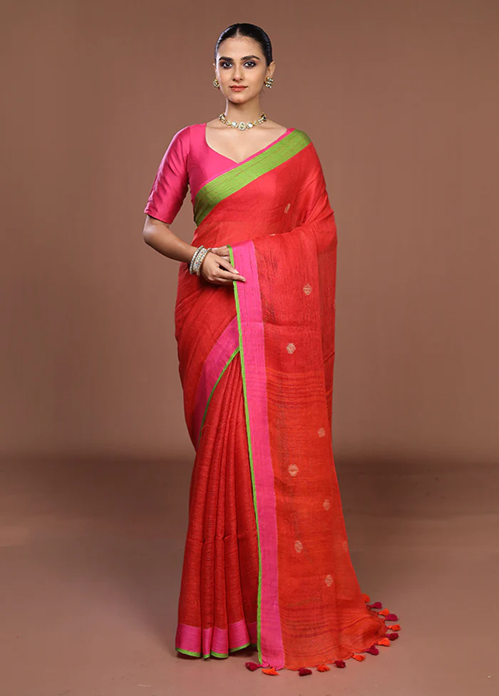 Red Linen Silk Saree With Blouse Piece - Image 2
