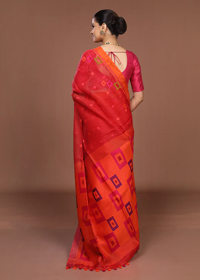Red Linen Silk Saree With Blouse Piece - Image 3