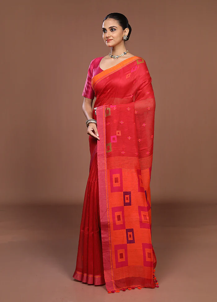 Red Linen Silk Saree With Blouse Piece - Image 4