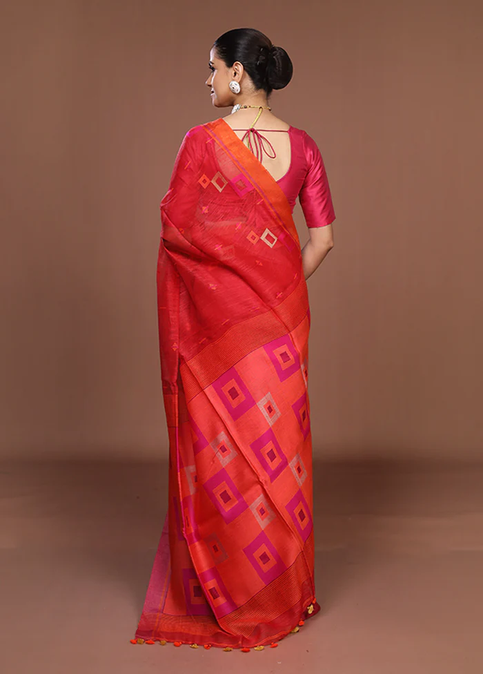 Red Linen Silk Saree With Blouse Piece - Image 3