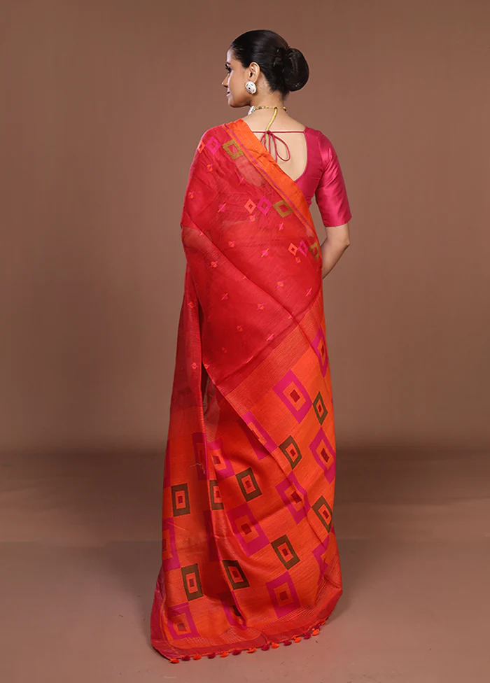 Red Linen Silk Saree With Blouse Piece - Image 3