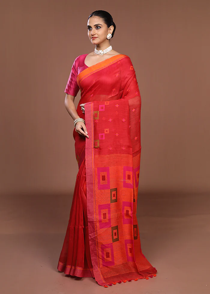 Red Linen Silk Saree With Blouse Piece - Image 4