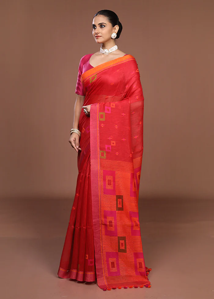 Red Linen Silk Saree With Blouse Piece - Image 4
