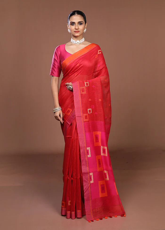 Red Linen Silk Saree With Blouse Piece - Image 2