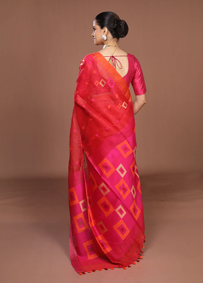 Red Linen Silk Saree With Blouse Piece - Image 3