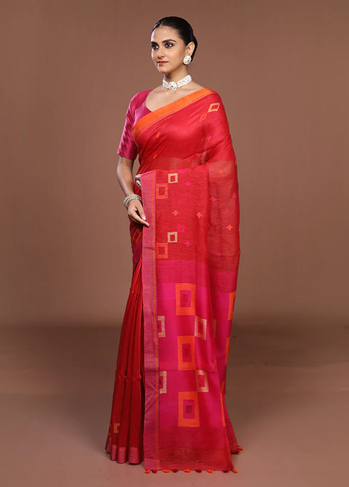 Red Linen Silk Saree With Blouse Piece - Image 4