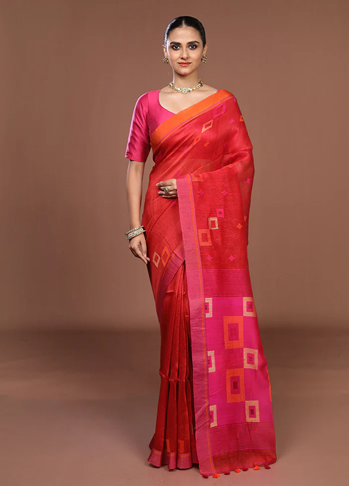 Red Linen Silk Saree With Blouse Piece - Image 2