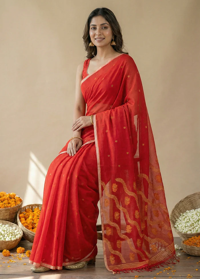 Red Matka Silk Saree With Blouse Piece - Image 3