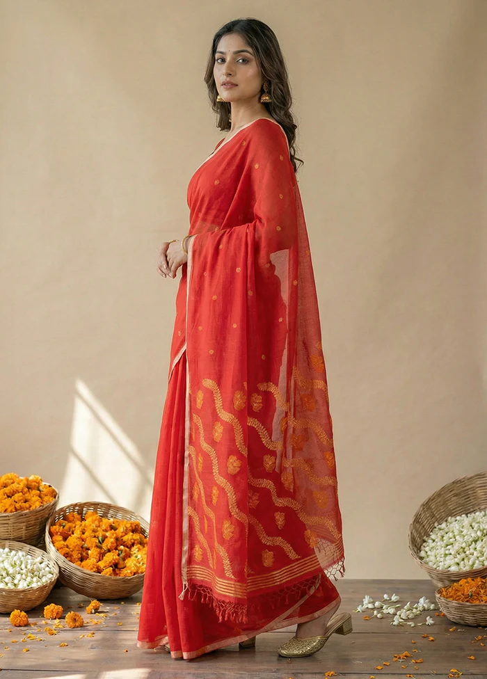 Red Matka Silk Saree With Blouse Piece - Image 4