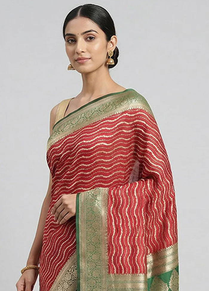 Red Organza Saree With Blouse Piece - Image 2