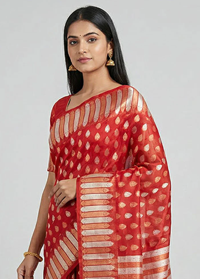 Red Organza Saree With Blouse Piece - Image 2