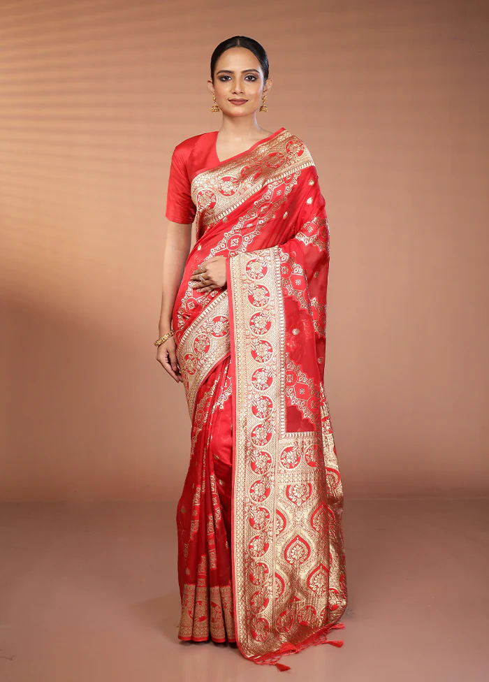 Red Organza Saree With Blouse Piece - Image 2