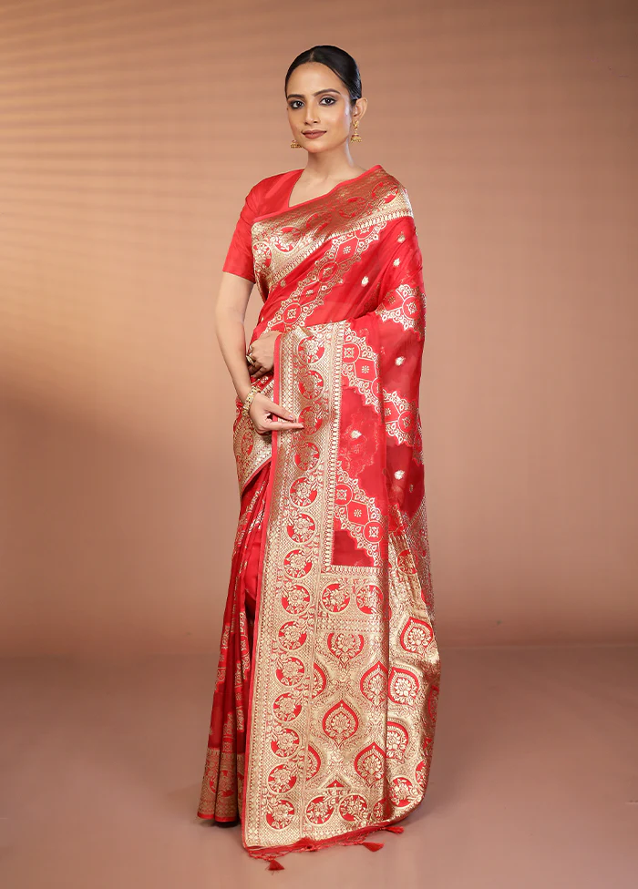 Red Organza Saree With Blouse Piece - Image 4
