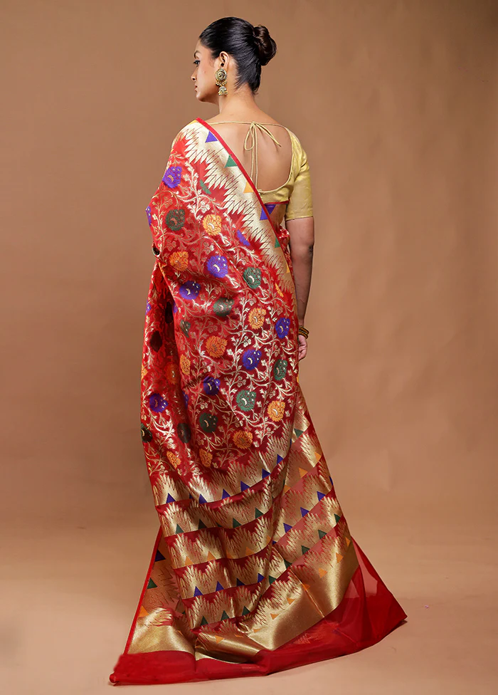 Red Organza Saree With Blouse Piece - Image 3