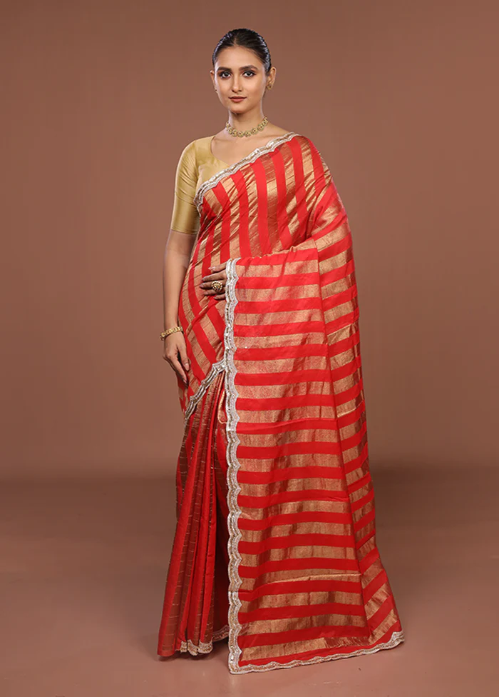 Red Organza Saree With Blouse Piece - Image 2
