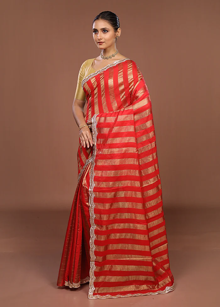 Red Organza Saree With Blouse Piece - Image 4