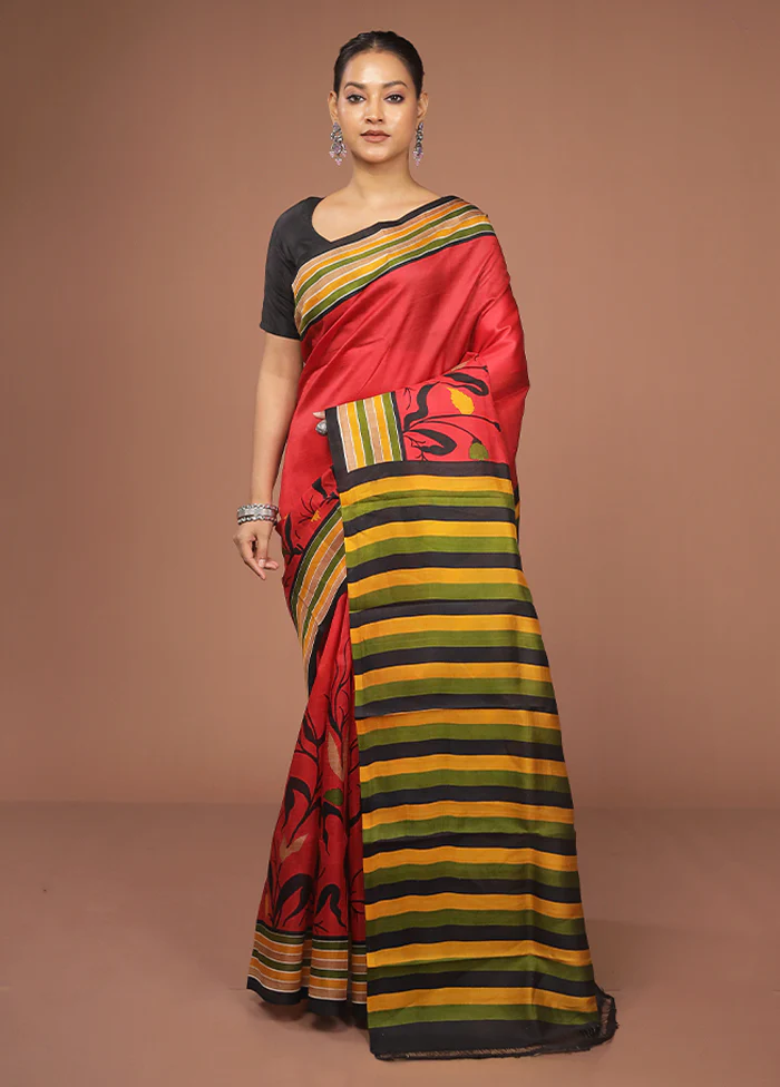 Red Printed Pure Silk Saree Without Blouse Piece - Image 2