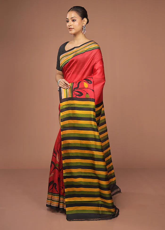 Red Printed Pure Silk Saree Without Blouse Piece - Image 4
