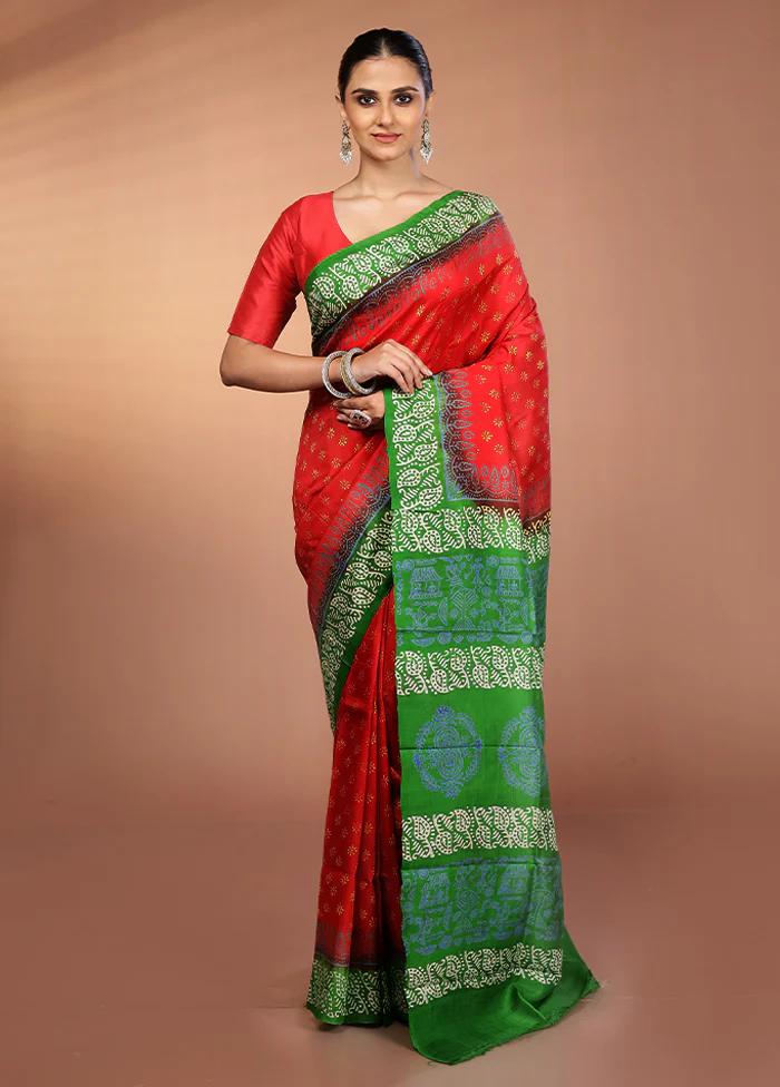 Red Printed Pure Silk Saree Without Blouse Piece - Image 2