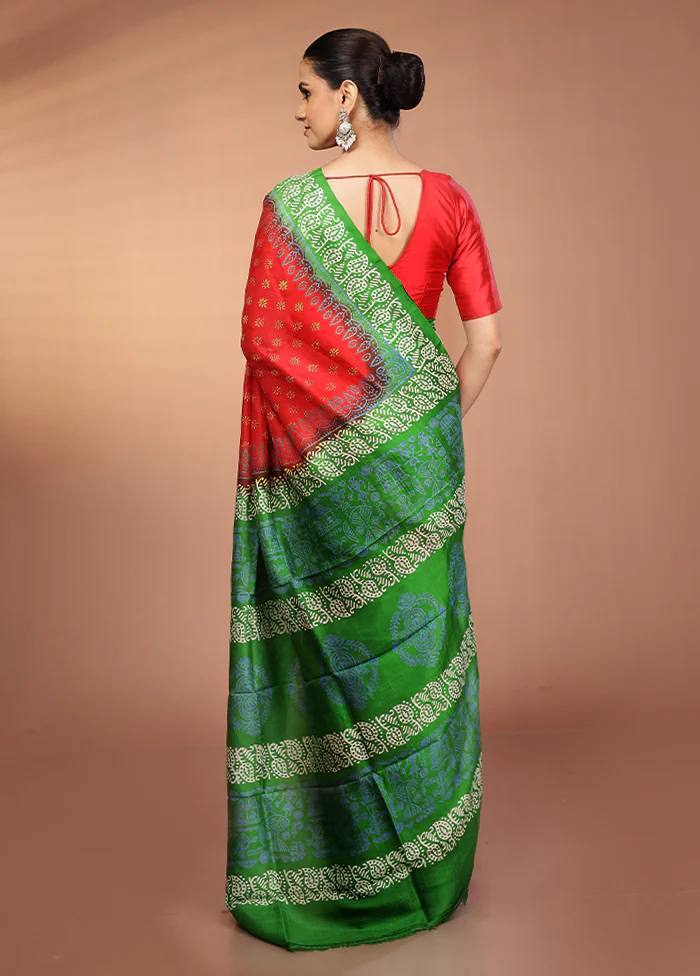 Red Printed Pure Silk Saree Without Blouse Piece - Image 3