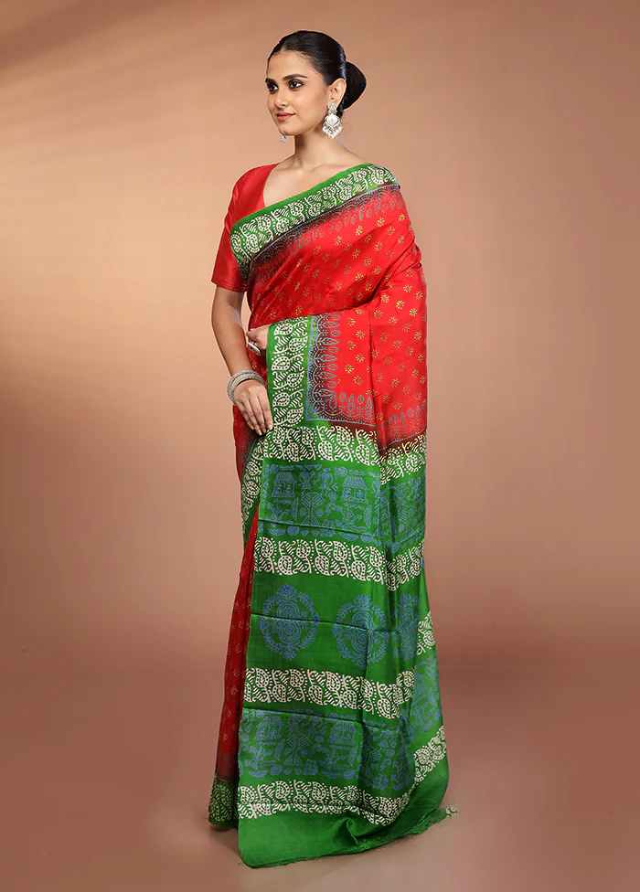 Red Printed Pure Silk Saree Without Blouse Piece - Image 4