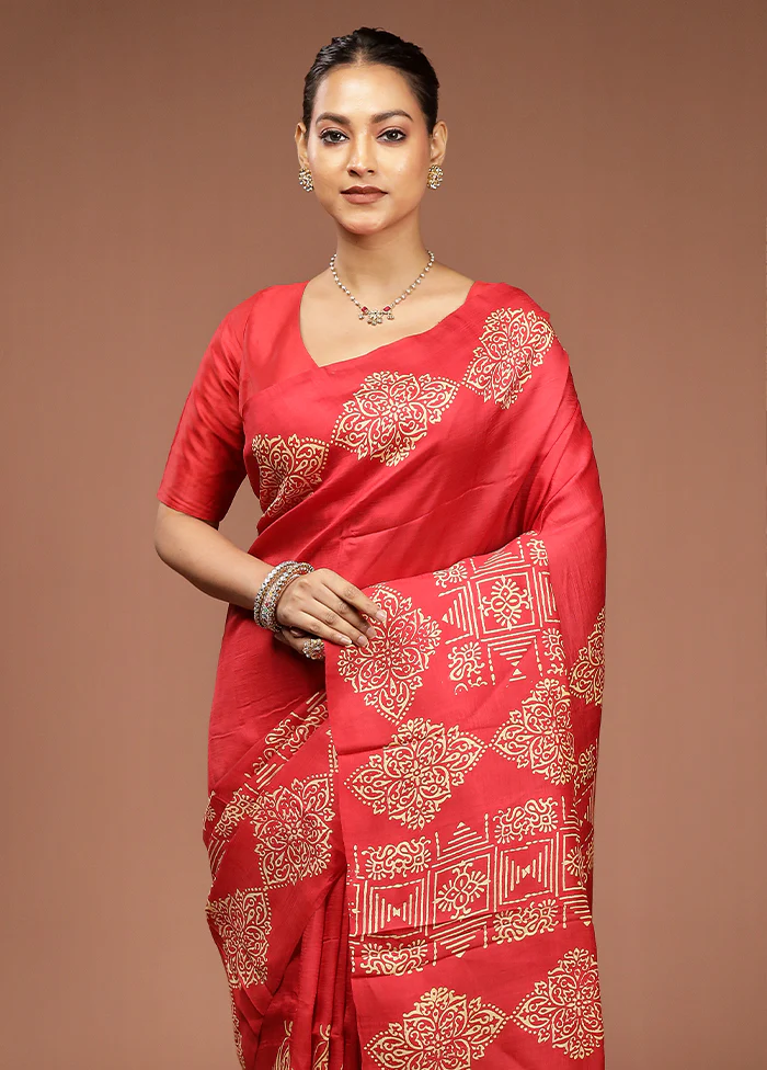 Red Printed Pure Silk Saree Without Blouse Piece