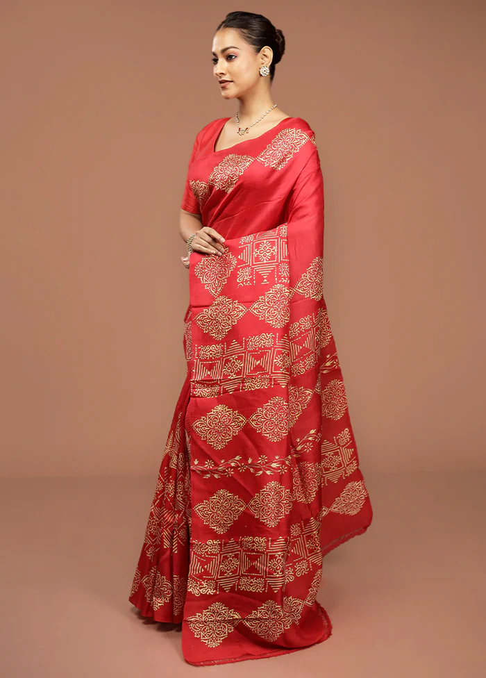 Red Printed Pure Silk Saree Without Blouse Piece - Image 4