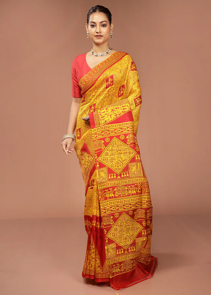 Red Printed Pure Silk Saree Without Blouse Piece - Image 2