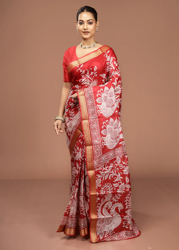 Red Printed Pure Silk Saree Without Blouse Piece - Image 2