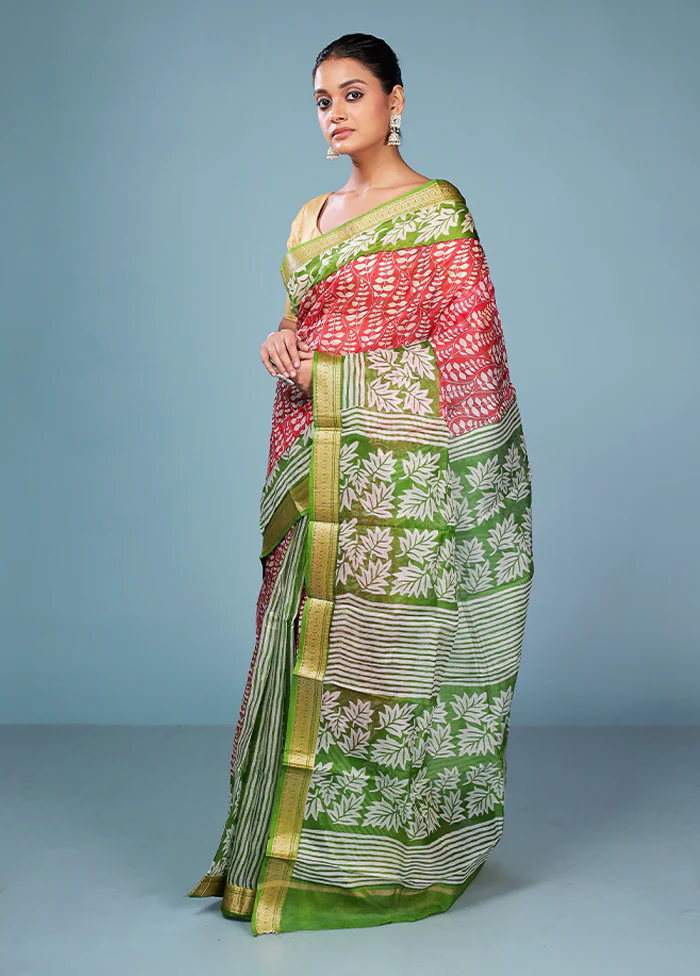 Red Printed Pure Silk Saree Without Blouse Piece - Image 4