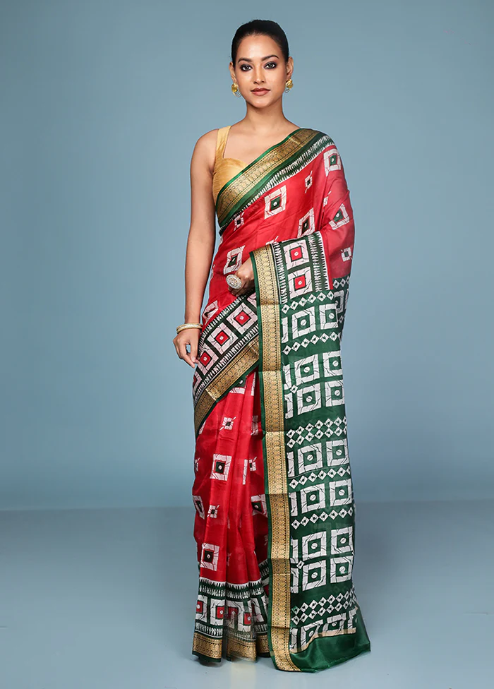 Red Printed Pure Silk Saree Without Blouse Piece - Image 2