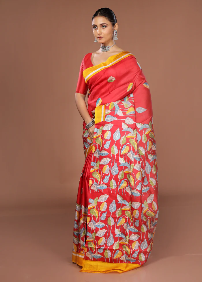 Red Printed Silk Saree Without Blouse Piece - Image 4