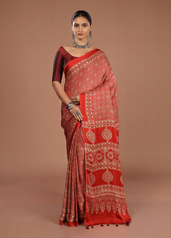 Red Printed Pure Silk Saree Without Blouse Piece - Image 2