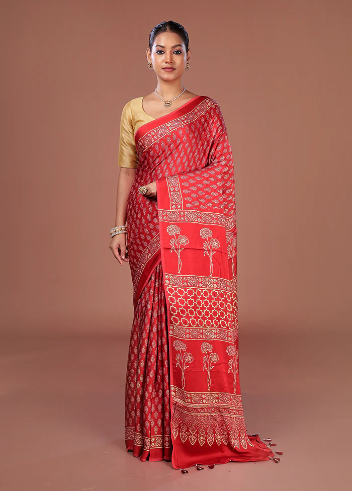 Red Printed Pure Silk Saree Without Blouse Piece - Image 2