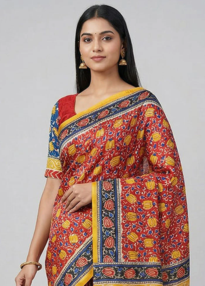 Red Printed Silk Saree Without Blouse Piece - Image 2
