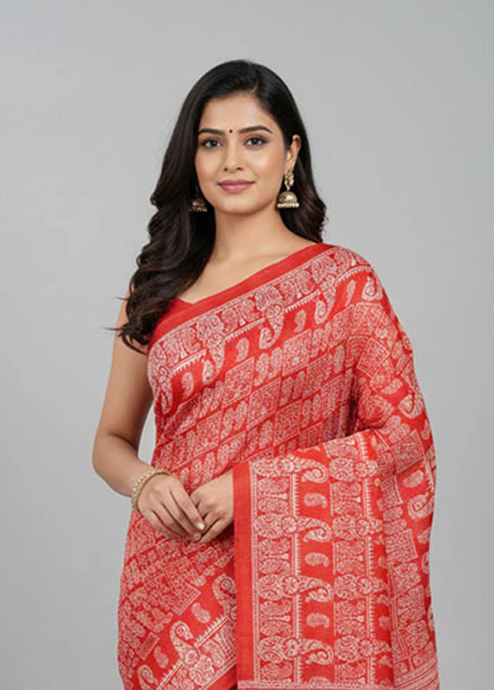 Red Printed Pure Silk Saree Without Blouse Piece - Image 2