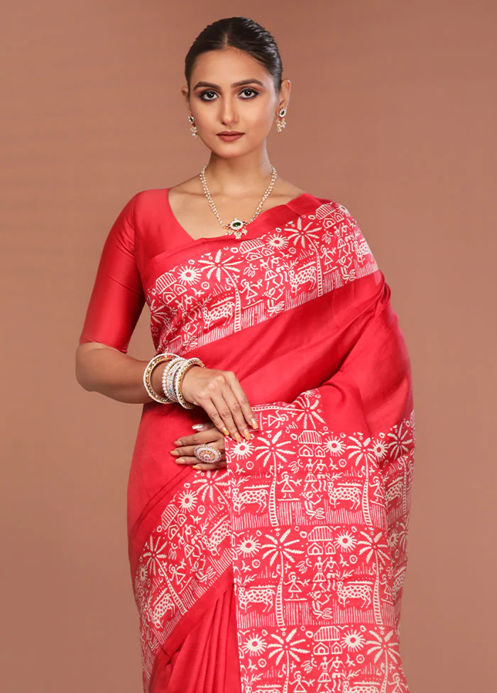 Red Printed Silk Saree Without Blouse Piece