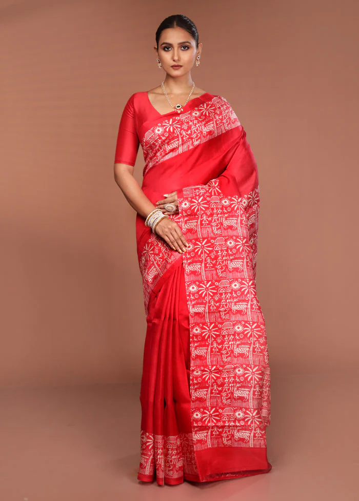 Red Printed Silk Saree Without Blouse Piece - Image 2